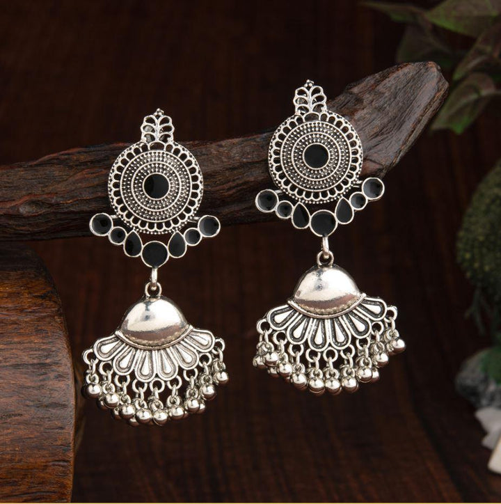 Oxidised Silver Plated Geometric Shaped Enamel Artwork With Hanging Beads Fashion Antique Earring- AER 2203 - Trendisia