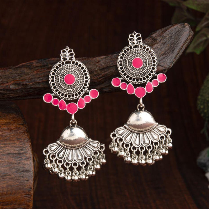 Oxidised Silver Plated Geometric Shaped Enamel Artwork With Hanging Beads Fashion Antique Earring- AER 2203 - Trendisia