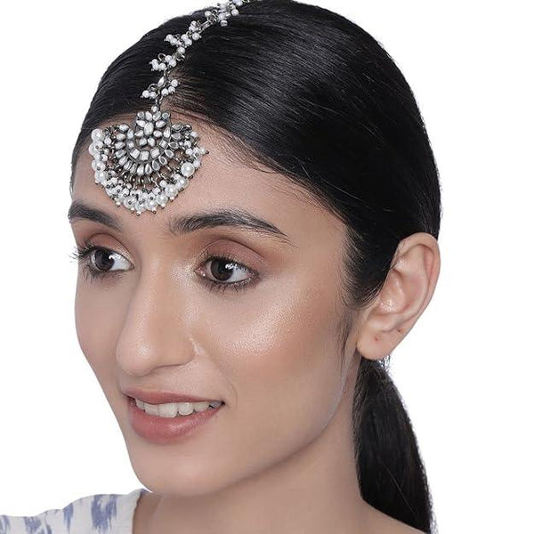 Oxidised Silver-Plated Mirror Embellished Kundan Pearl Maang Tikka - Trendisia