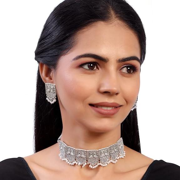 Oxidized Choker Necklace Earrings Set - Trendisia