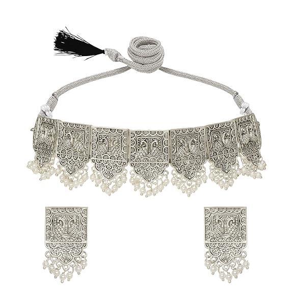 Oxidized Choker Necklace Earrings Set - Trendisia