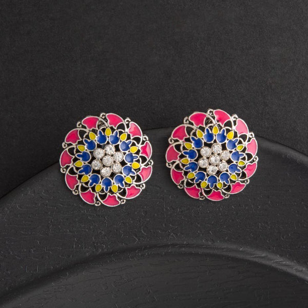 Oxidized Silver Plated Flower Shape Enamel Artwork Stone Studded Antique Earring- AER 2183 - Trendisia