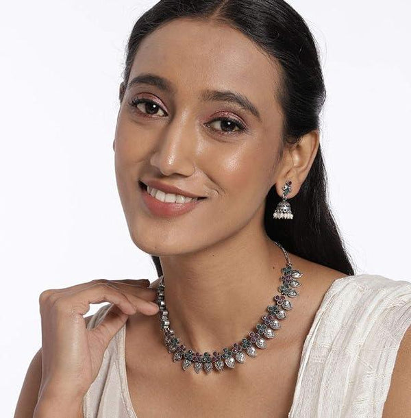 Oxidized Silver-Plated Leaf Design Necklace and Earring Set - Trendisia