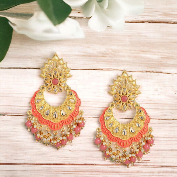 Peach Gold-Plated Handcrafted Kundan Enamelled Chandbalis Earrings - Trendisia