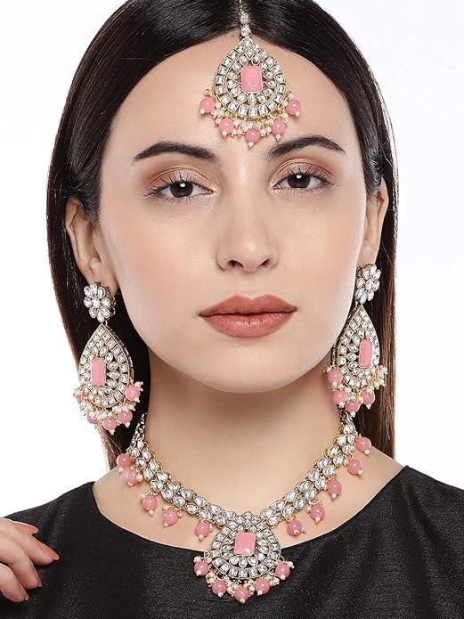 Peach Gold-Toned Kundan Pearls Jewellery set - Trendisia