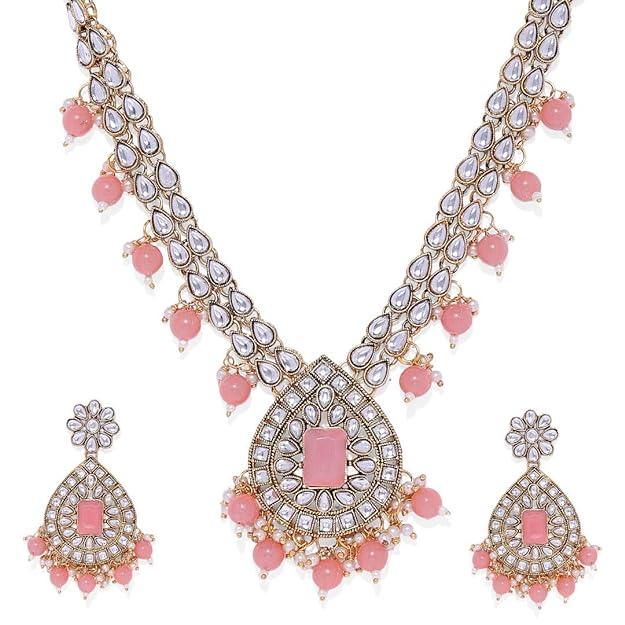 Peach Gold-Toned Kundan Pearls Jewellery set - Trendisia