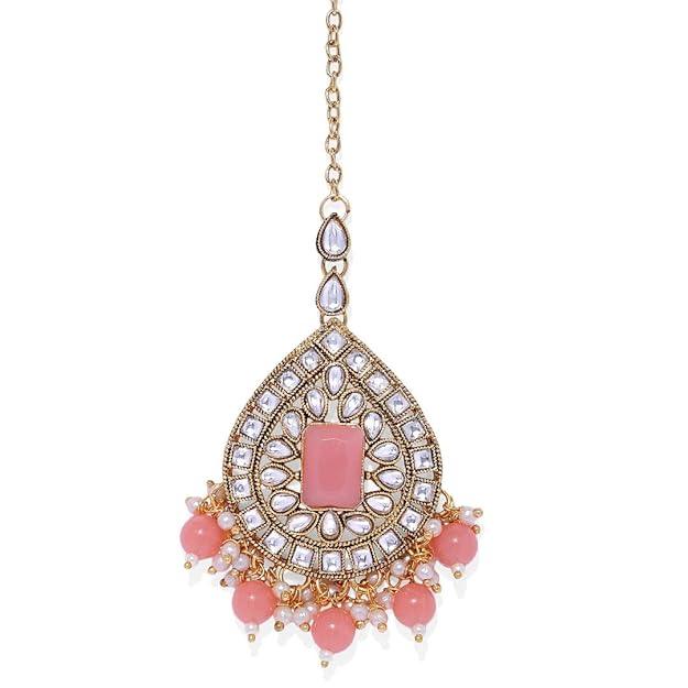 Peach Gold-Toned Kundan Pearls Jewellery set - Trendisia