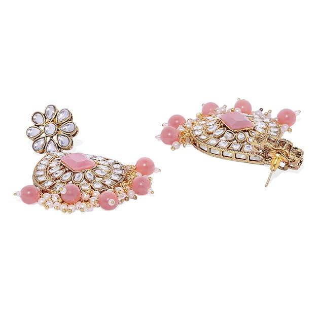 Peach Gold-Toned Kundan Pearls Jewellery set - Trendisia