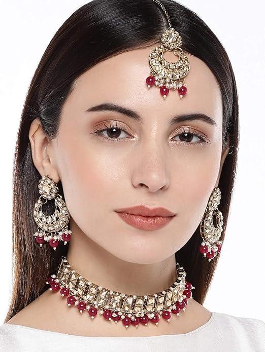 Pink Gold-Toned Beaded Kundan Choker Set - Trendisia