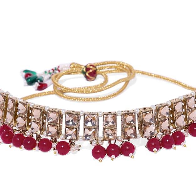 Pink Gold-Toned Beaded Kundan Choker Set - Trendisia