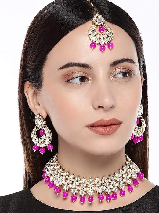 Pink Gold-Toned Brass-Plated Kundan Studded Beaded Jewellery Set - Trendisia