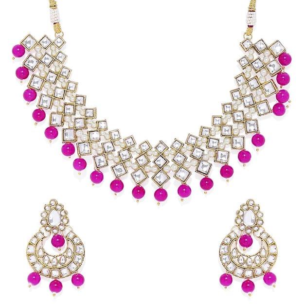 Pink Gold-Toned Brass-Plated Kundan Studded Beaded Jewellery Set - Trendisia