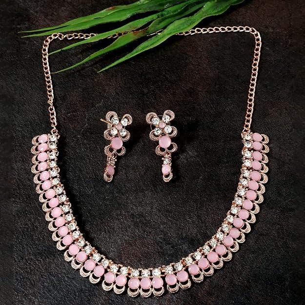 Pink Rose Gold-Plated Artificial Stones Studded Jewellery Set - Trendisia