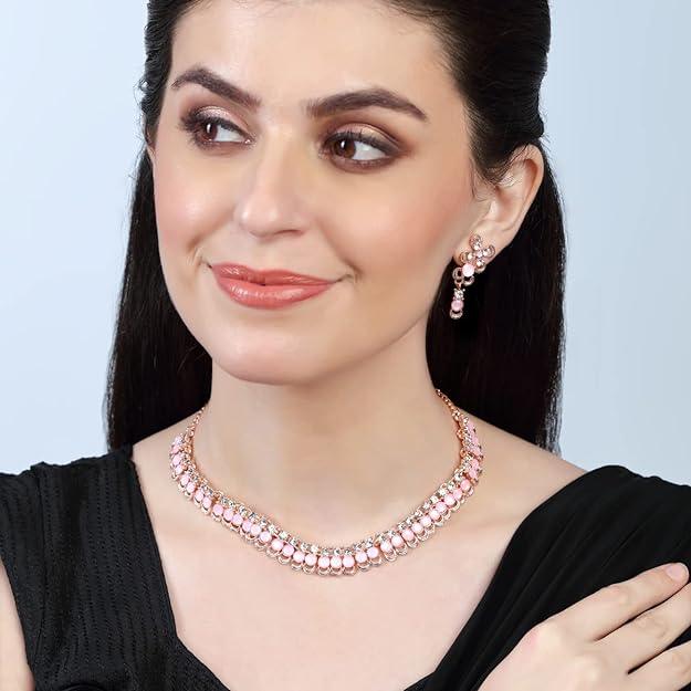 Pink Rose Gold-Plated Artificial Stones Studded Jewellery Set - Trendisia