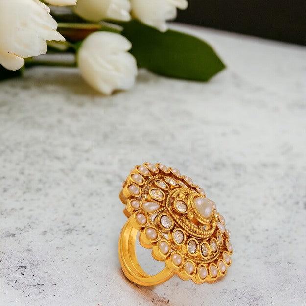 Rajwadi Gold Plated Antique Pearl AD Finger Ring - Trendisia