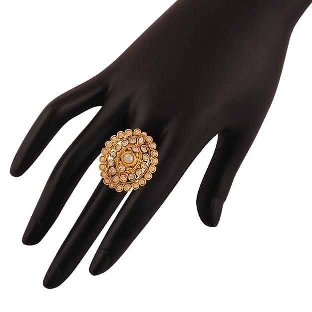 Rajwadi Gold Plated Antique Pearl AD Finger Ring - Trendisia