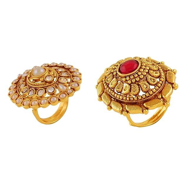 Rajwadi Inspired Gold Finish Adjustable Finger Ring Combo Set of 2 - Trendisia