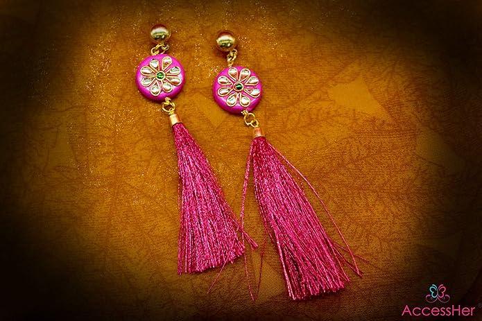 Rani Pink Monotone Kundan Beads Tassel Earrings for Women - Trendisia