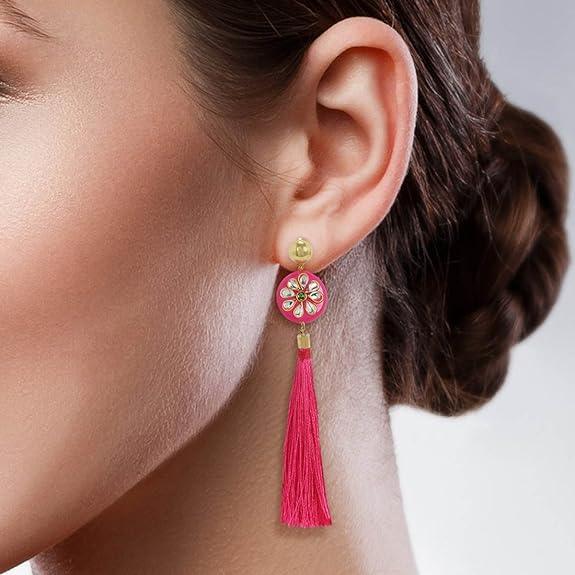 Rani Pink Monotone Kundan Beads Tassel Earrings for Women - Trendisia