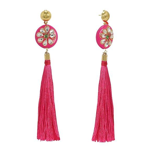 Rani Pink Monotone Kundan Beads Tassel Earrings for Women - Trendisia