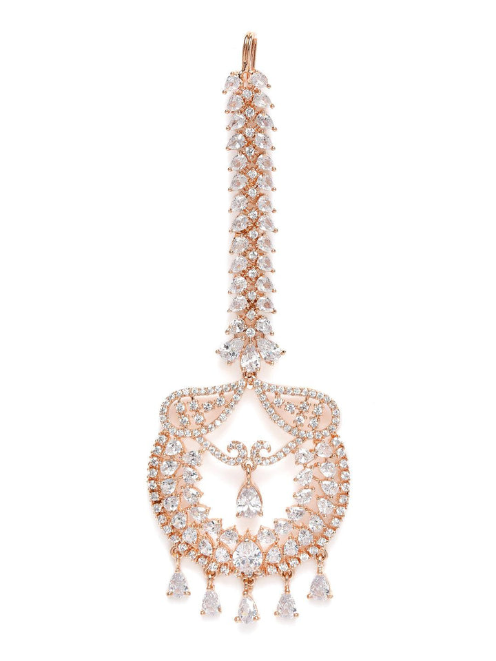 Rose Gold Plated Brass AD Maang Tika - Trendisia