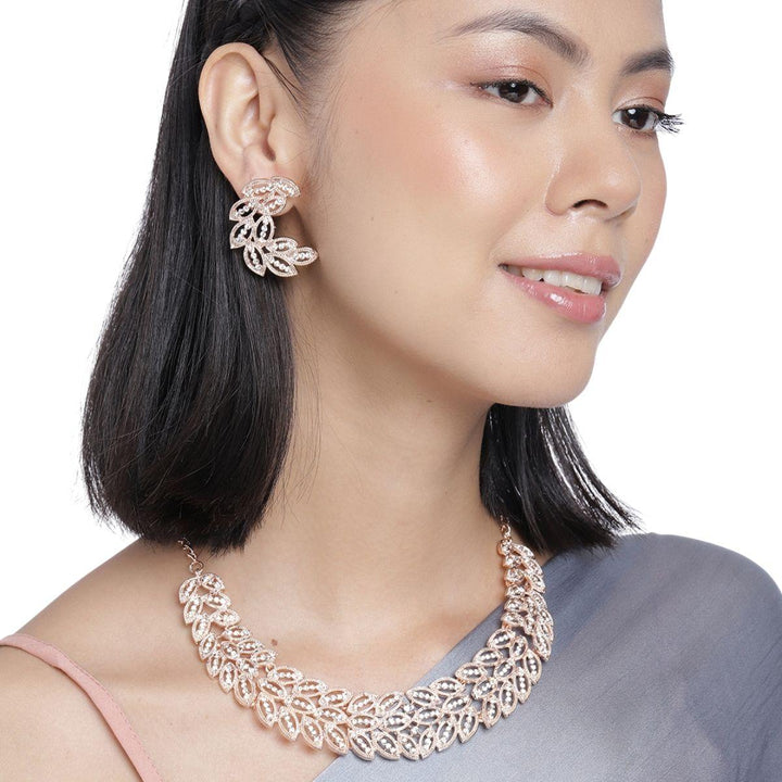 Rose Gold-Plated Leaf Design Necklace and Earring Set - Trendisia