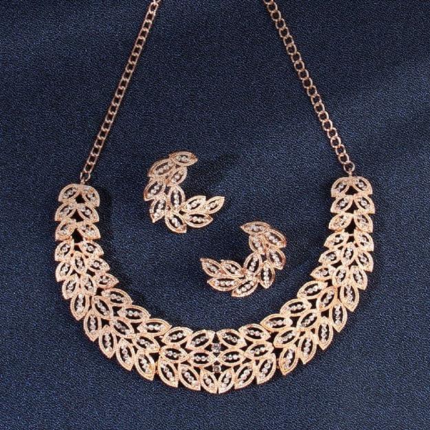 Rose Gold-Plated Leaf Design Necklace and Earring Set - Trendisia