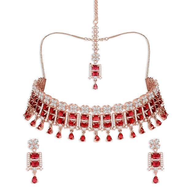 Rose Gold Plated Red American Diamond Studded Necklace Set - Trendisia