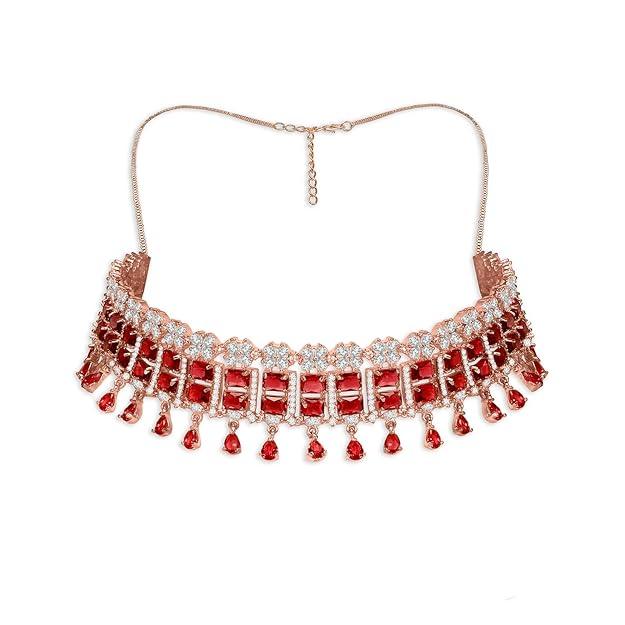 Rose Gold Plated Red American Diamond Studded Necklace Set - Trendisia