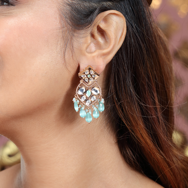 Kundan Polki Earrings with pastel green Drops