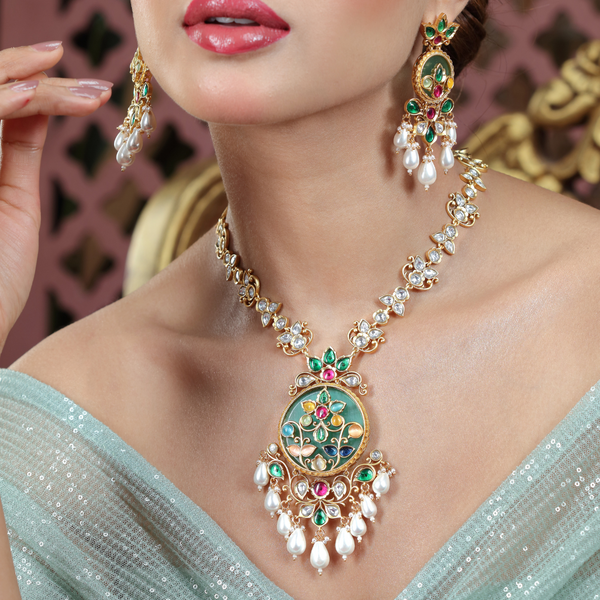 Traditional Multicolor Pendant Necklace and Earrings Set
