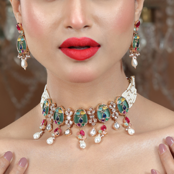 Elegant Multicolor Kundan Bridal Choker Necklace Set with Pe