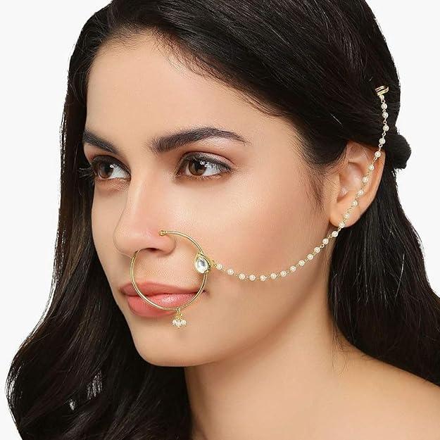 Set Of 2 Gold-Plated Kundan-Studded Chained Nosering - Trendisia