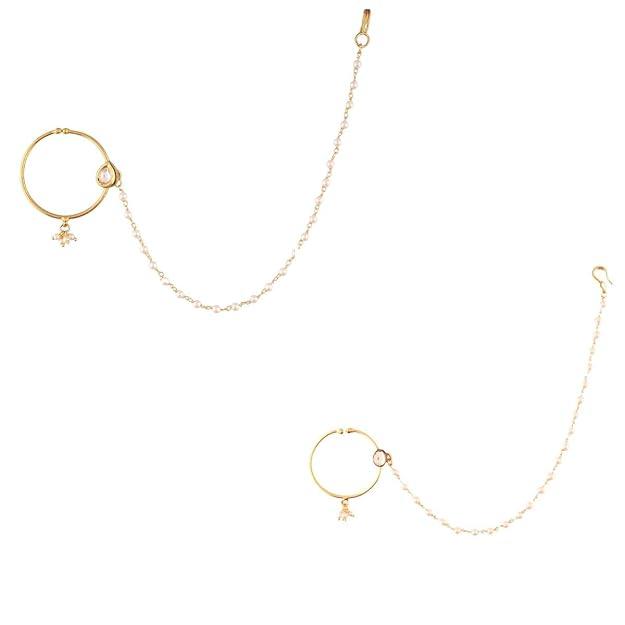 Set Of 2 Gold-Plated Kundan-Studded Chained Nosering - Trendisia