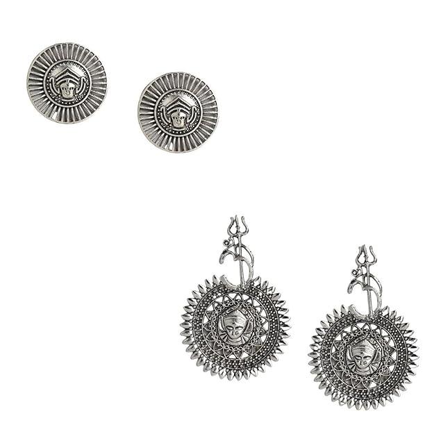 Set Of 2 Silver Plated Oxidised Classic Drop Earrings - Trendisia