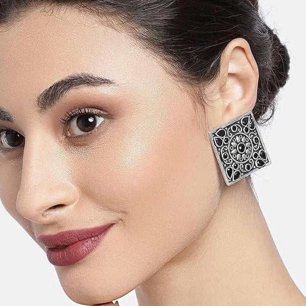 Set Of 2 Silver Plated Oxidised Square Studs Earrings - Trendisia