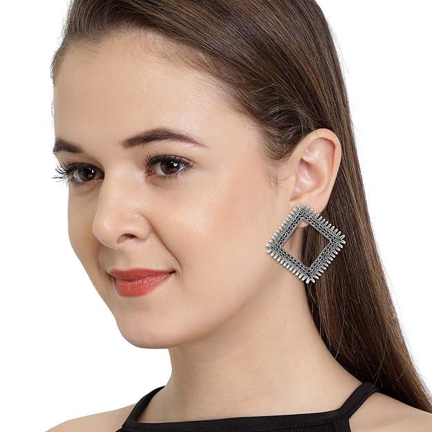 Set Of 2 Silver Plated Oxidised Square Studs Earrings - Trendisia