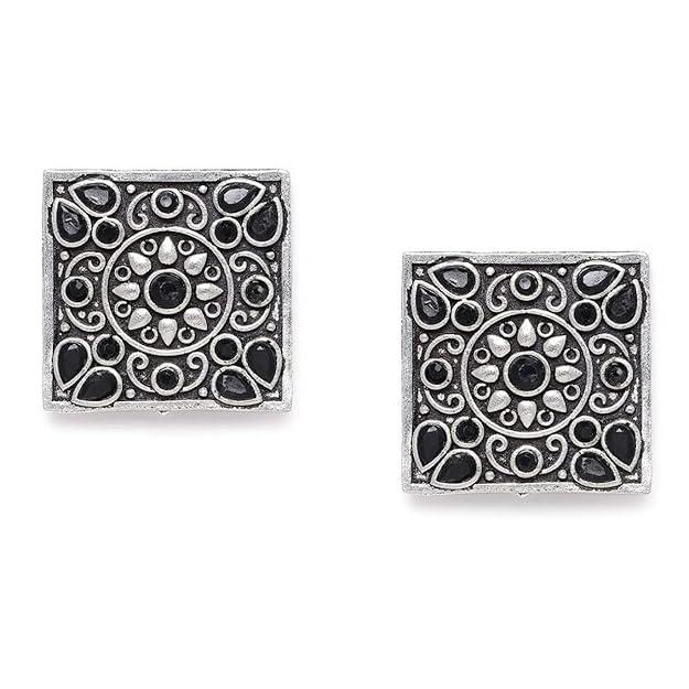 Set Of 2 Silver Plated Oxidised Square Studs Earrings - Trendisia