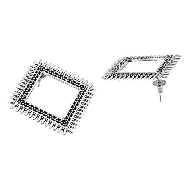Set Of 2 Silver Plated Oxidised Square Studs Earrings - Trendisia
