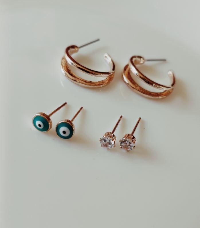 Set Of 3 Gold /Silver /Rosegold Plated CZ Fashion Hoops Earring- HER 3107 - Trendisia