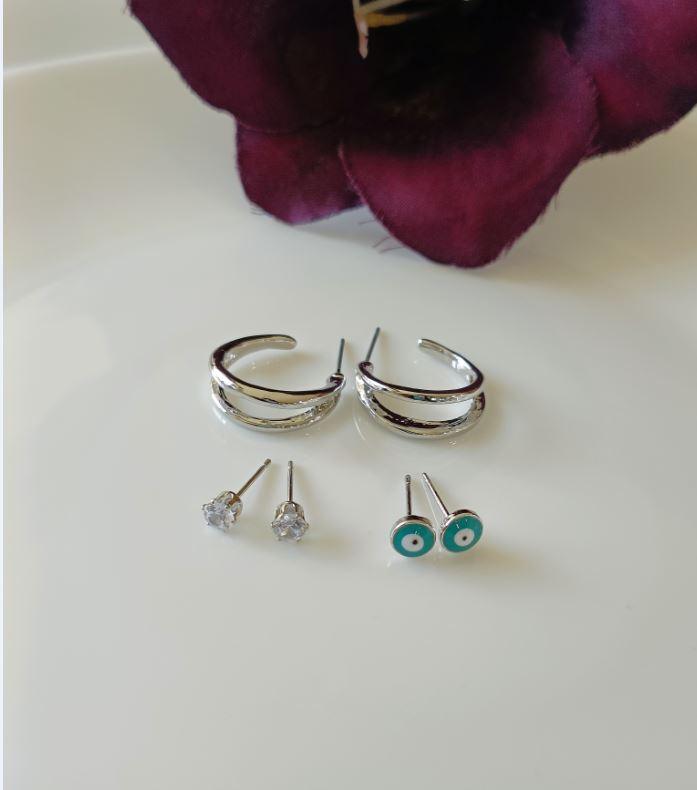 Set Of 3 Gold /Silver /Rosegold Plated CZ Fashion Hoops Earring- HER 3107 - Trendisia
