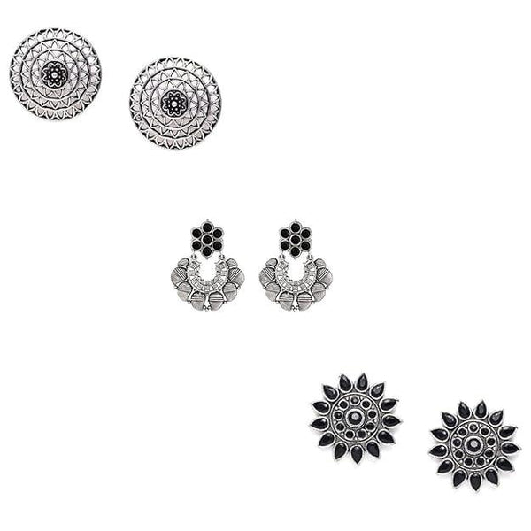 Set Of 3 Silver-Plated Circular Studs Earrings - Trendisia