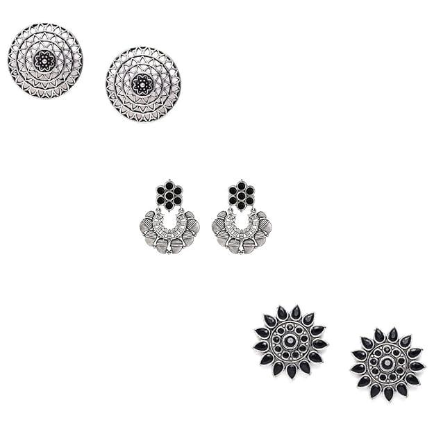 Set Of 3 Silver-Plated Circular Studs Earrings - Trendisia