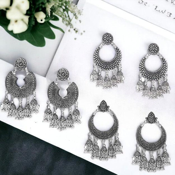 Set Of 3 Silver Plated Floral Oxidised Chandbalis - Trendisia