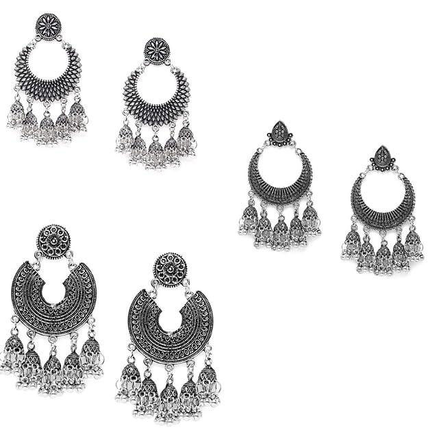 Set Of 3 Silver Plated Floral Oxidised Chandbalis - Trendisia