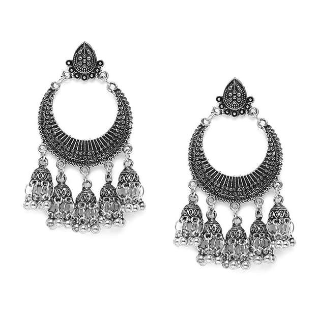 Set Of 3 Silver Plated Floral Oxidised Chandbalis - Trendisia