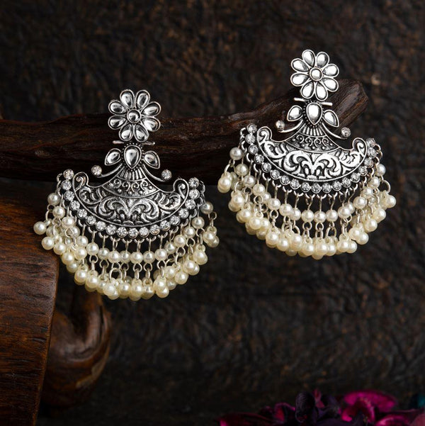 Silver / Gold Plated Floral Kundan &amp; Stone Studded Artwork With Hanging Pearl Fashion Antique Earring- AER 1535 - Trendisia