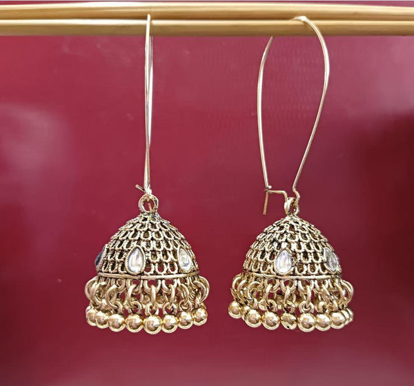 Silver / Gold Plated Long Hook Closure Hanging Kundan Studded Temple Style Antique Jhumki Earring- AER 1724 - Trendisia