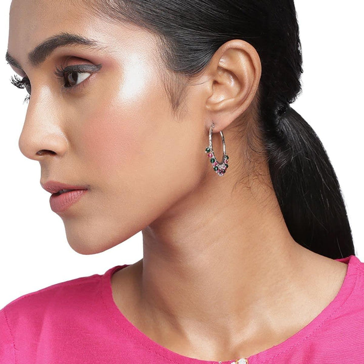 Silver Hoop Earrings with Pink and Green Beads - Trendisia