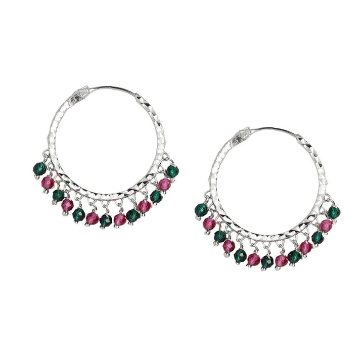 Silver Hoop Earrings with Pink and Green Beads - Trendisia